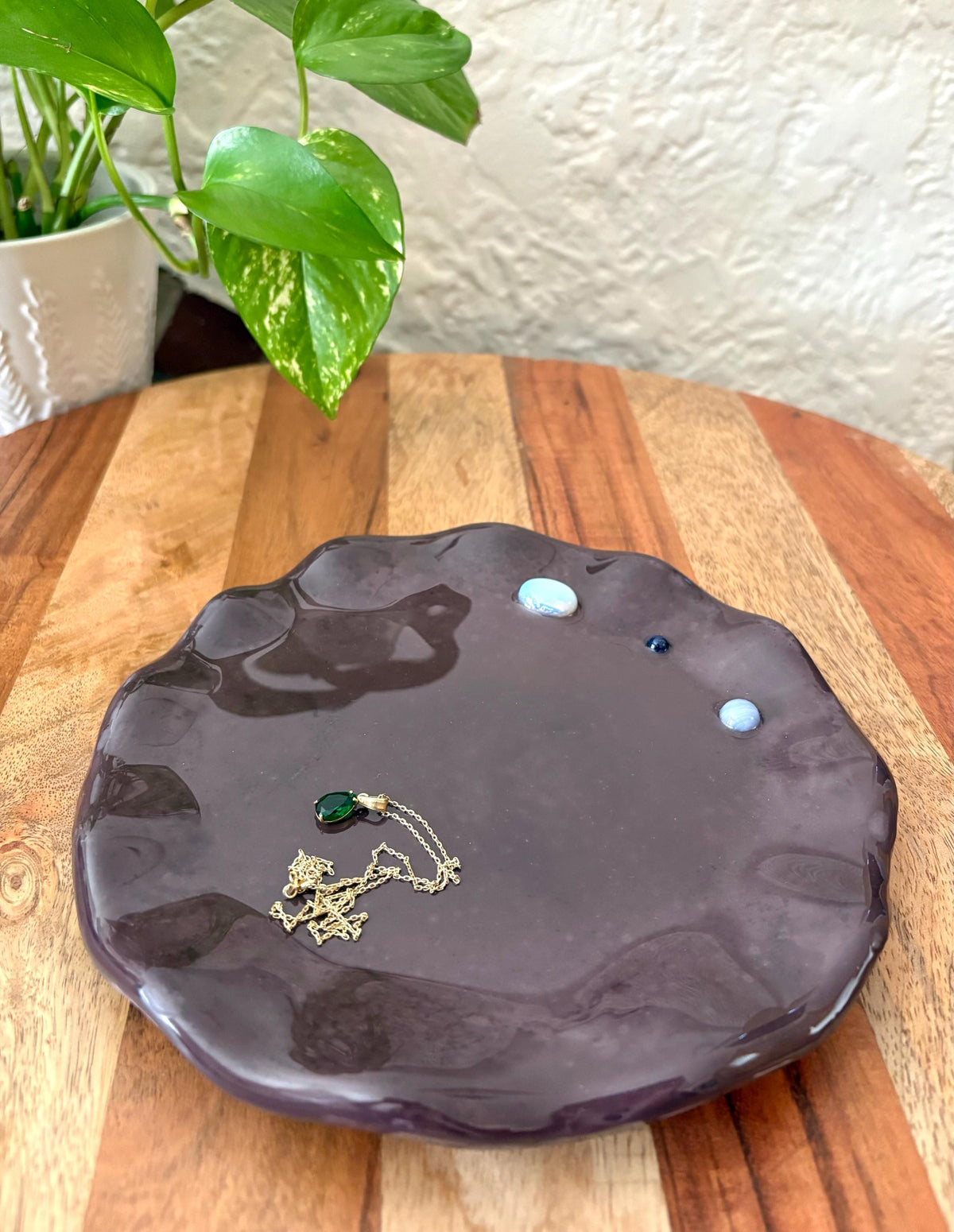 Handmade Ceramic Resin Trinket Dish | Gemstone Catchall Tray | Moonstone Boho Jewelry Decor | Wavy Edge