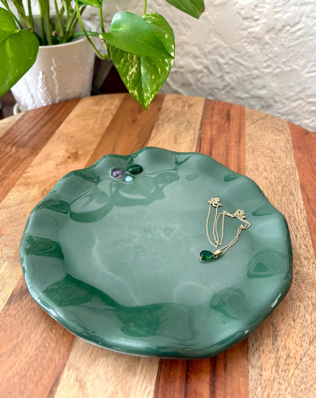 Handmade Ceramic Resin Trinket Dish | Gemstone Catchall Tray | Moonstone Boho Jewelry Decor | Wavy Edge