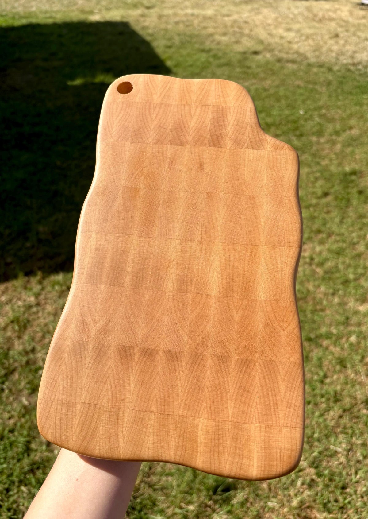Handmade Maple End Grain Cutting Board, Wavy Edge Prep Board (11.5" x 6.75")