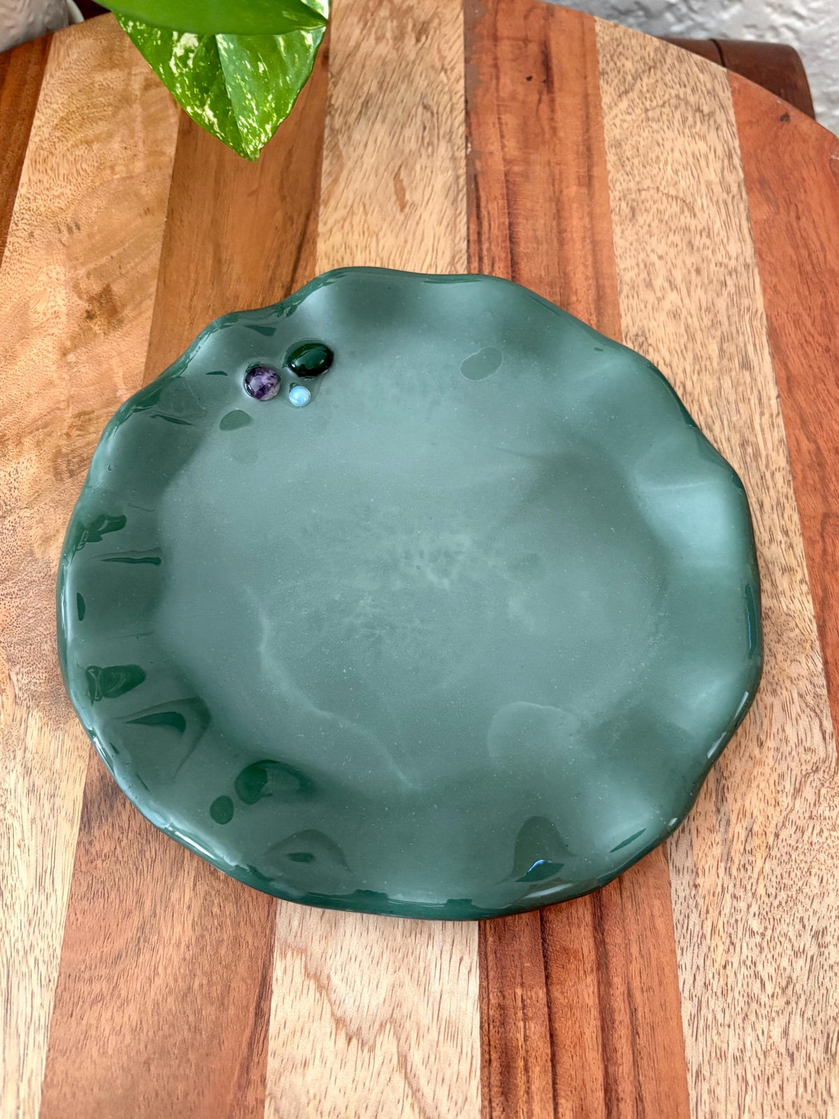 Handmade Ceramic Resin Trinket Dish | Gemstone Catchall Tray | Moonstone Boho Jewelry Decor | Wavy Edge