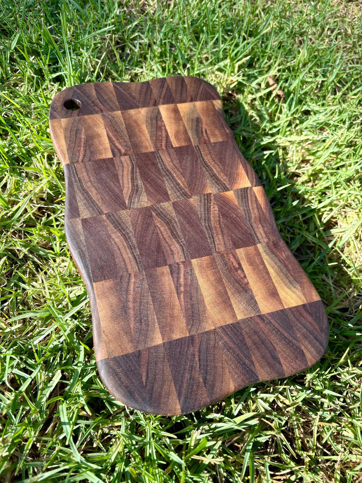 Handmade Walnut End Grain Cutting Board, Wavy Edge Prep Board (11" x 6")