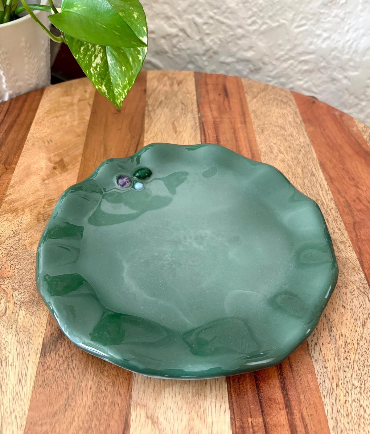 Handmade Ceramic Resin Trinket Dish | Gemstone Catchall Tray | Moonstone Boho Jewelry Decor | Wavy Edge