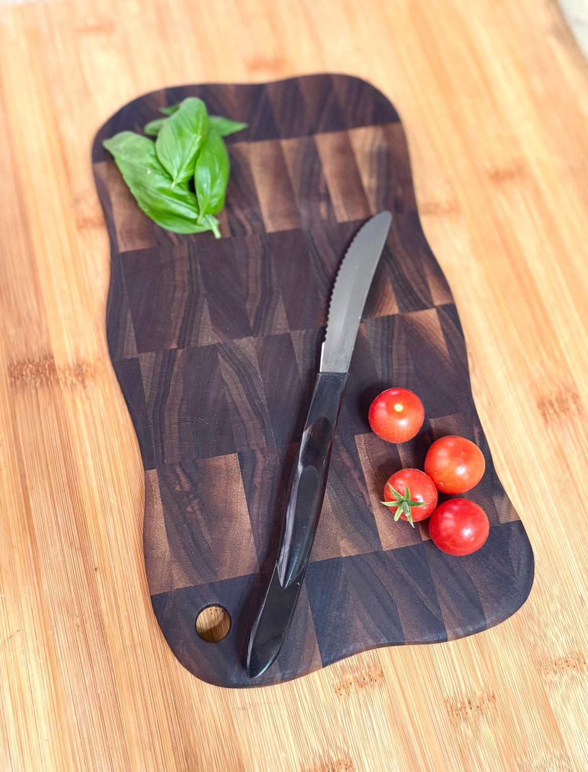 Handmade Walnut End Grain Cutting Board, Wavy Edge Prep Board (11" x 6")