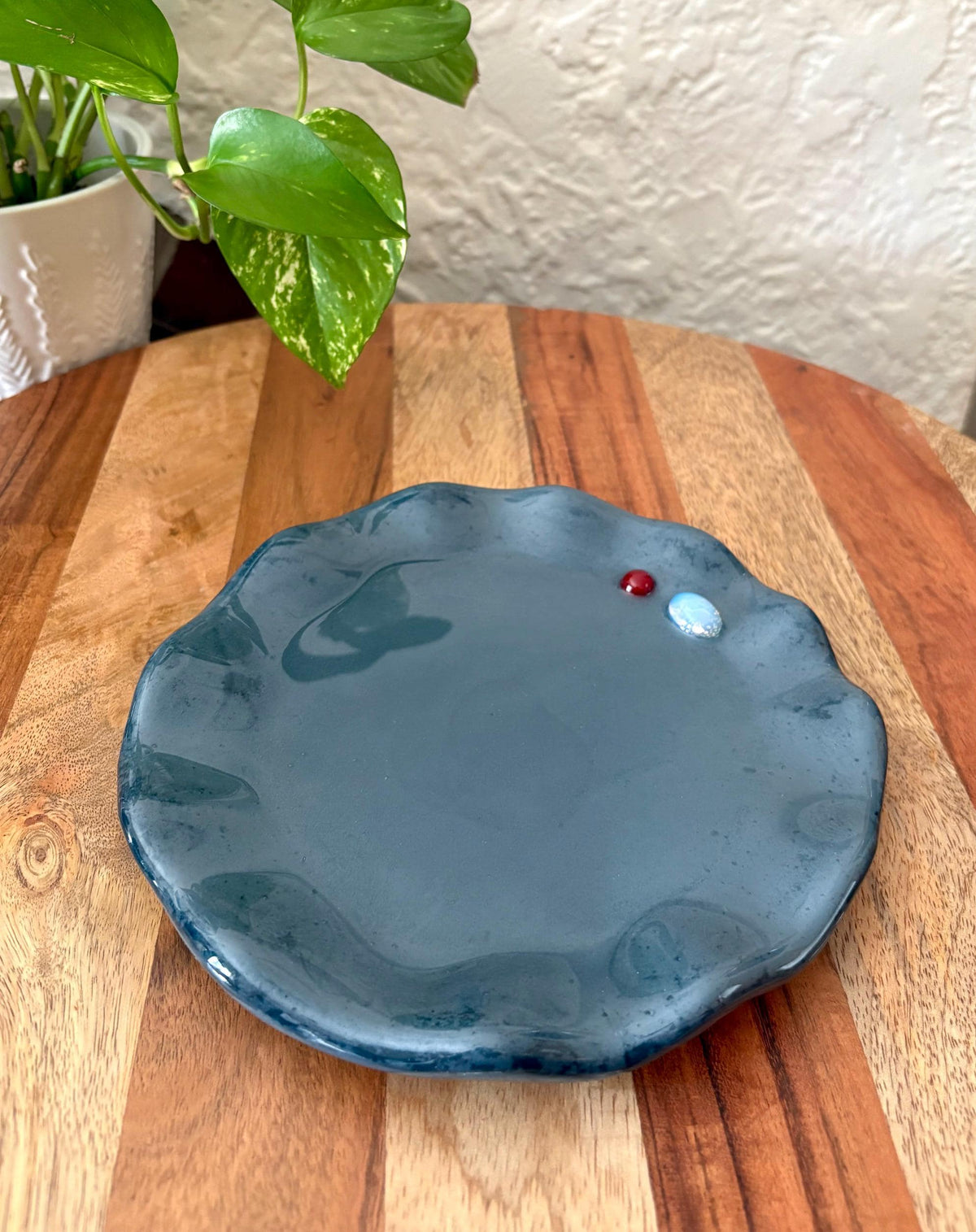 Handmade Ceramic Resin Trinket Dish | Gemstone Catchall Tray | Moonstone Boho Jewelry Decor | Wavy Edge