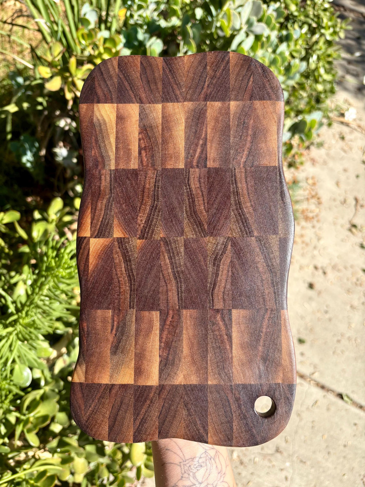 Handmade Walnut End Grain Cutting Board, Wavy Edge Prep Board (11" x 6")