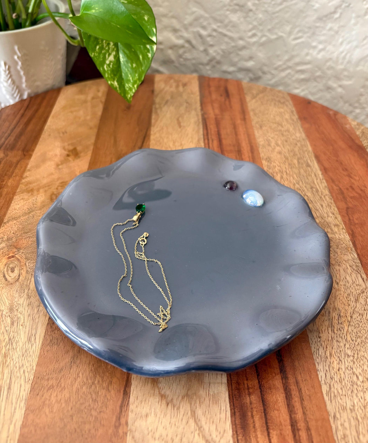 Handmade Ceramic Resin Trinket Dish | Gemstone Catchall Tray | Moonstone Boho Jewelry Decor | Wavy Edge