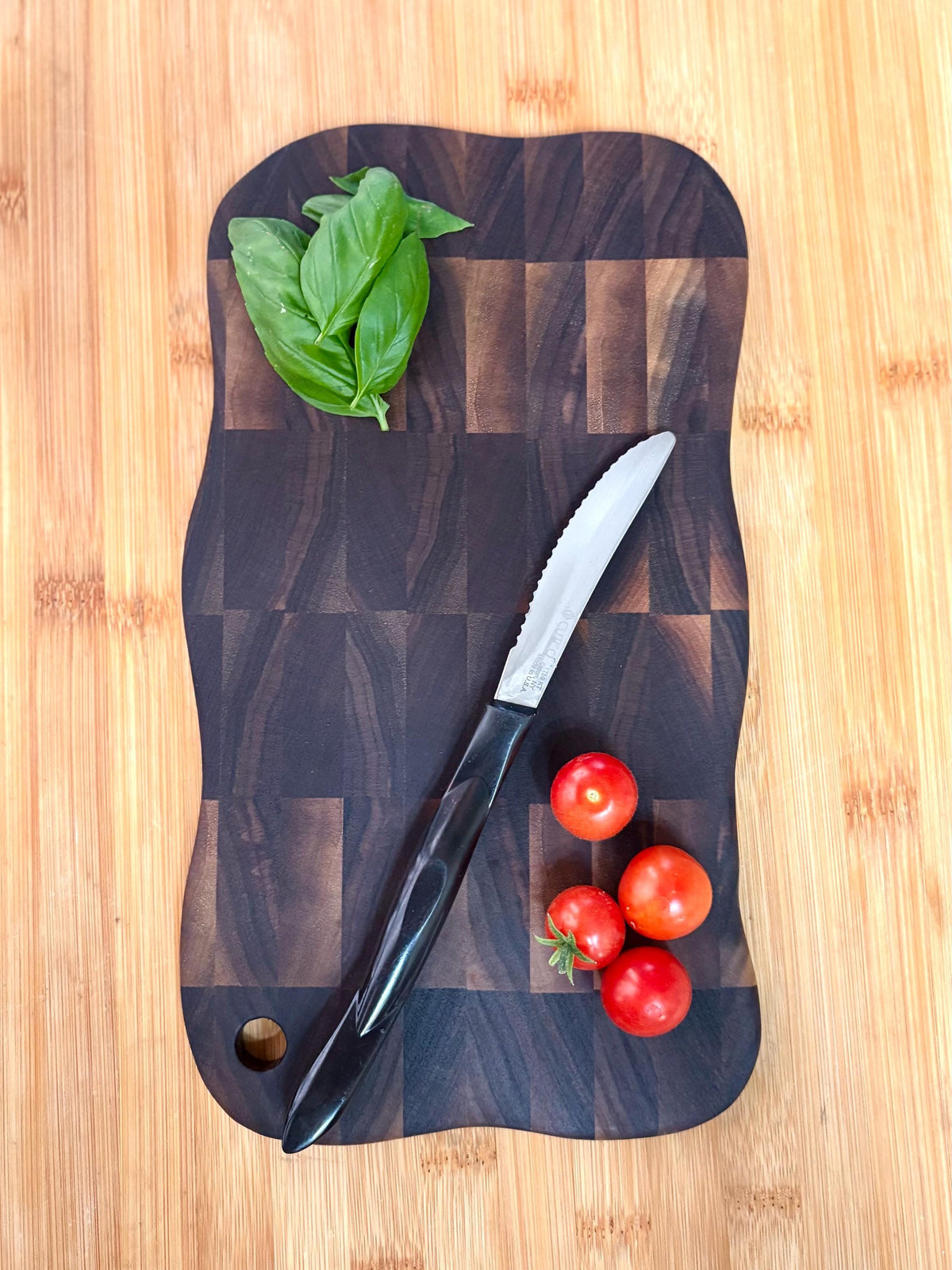Handmade Walnut End Grain Cutting Board, Wavy Edge Prep Board (11" x 6")