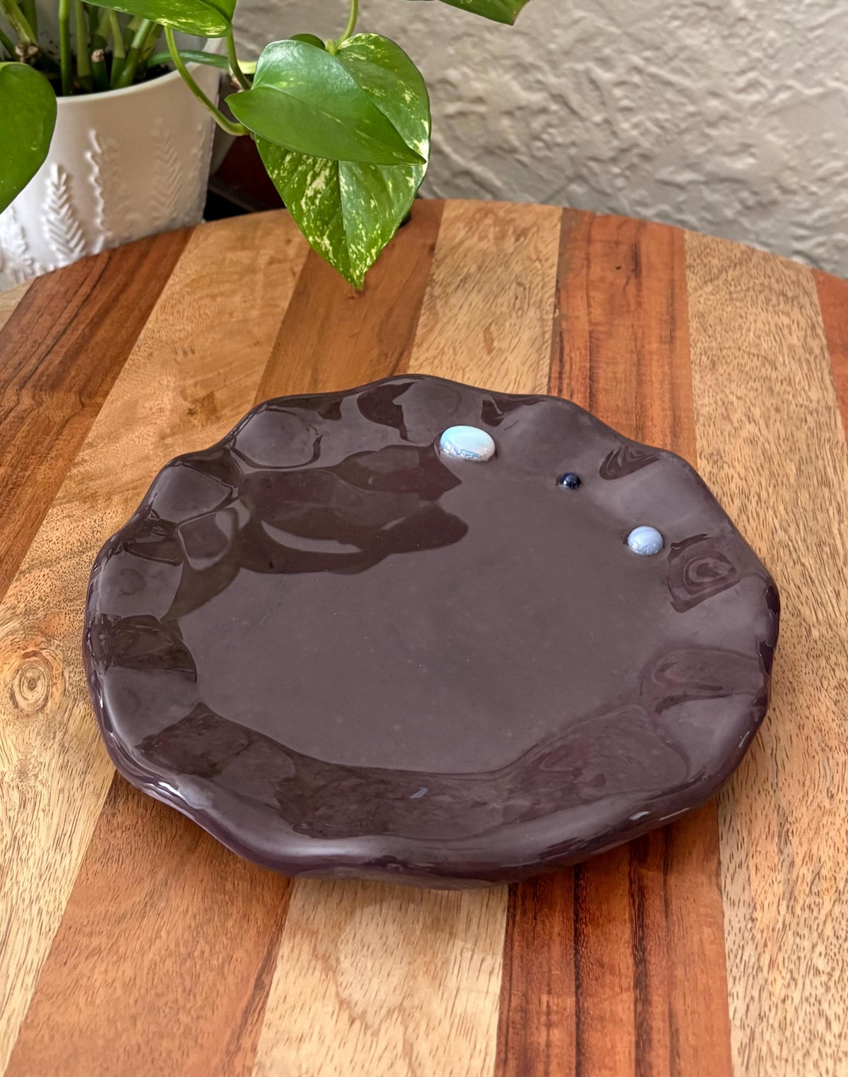 Handmade Ceramic Resin Trinket Dish | Gemstone Catchall Tray | Moonstone Boho Jewelry Decor | Wavy Edge