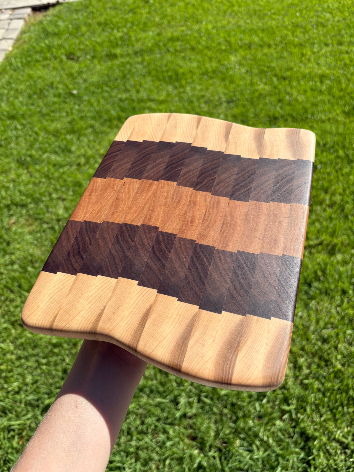 Handmade Wavy Edge End Grain Maple Cherry Walnut Cutting Board, Cheese Serving Board