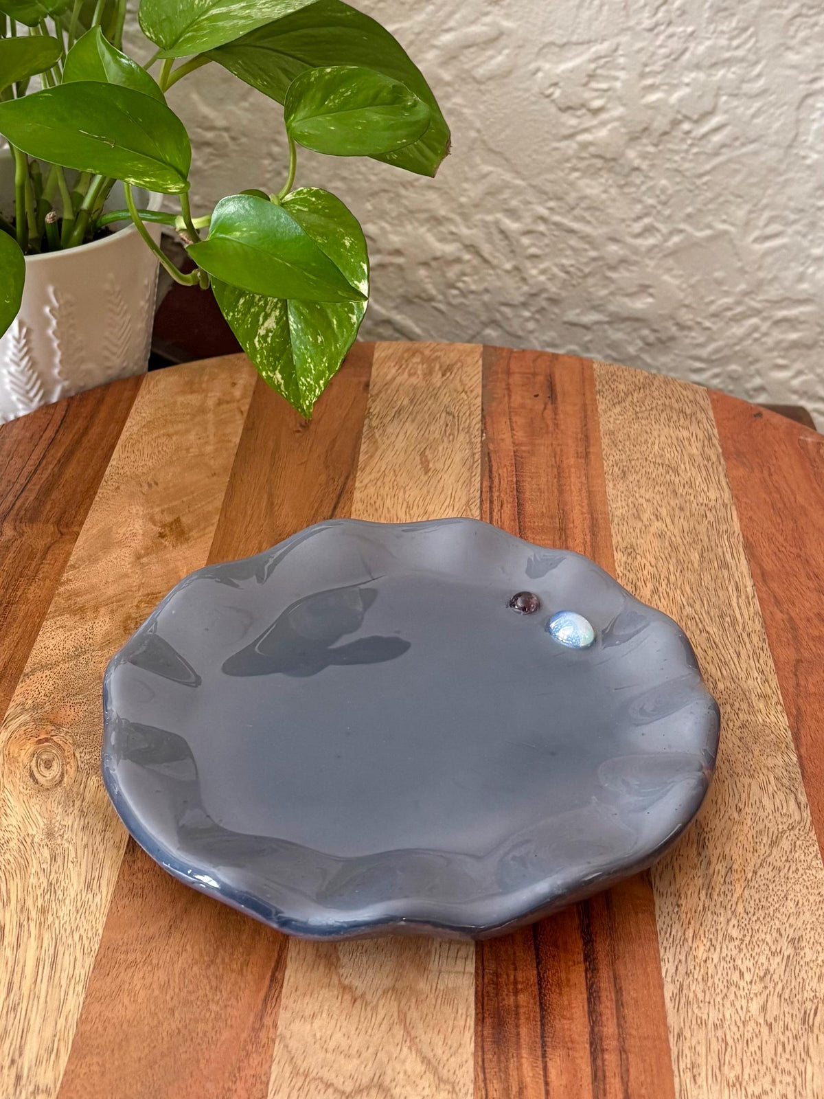 Handmade Ceramic Resin Trinket Dish | Gemstone Catchall Tray | Moonstone Boho Jewelry Decor | Wavy Edge