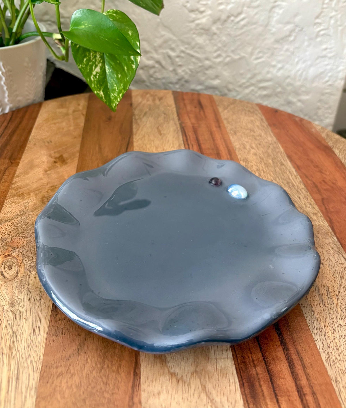 Handmade Ceramic Resin Trinket Dish | Gemstone Catchall Tray | Moonstone Boho Jewelry Decor | Wavy Edge
