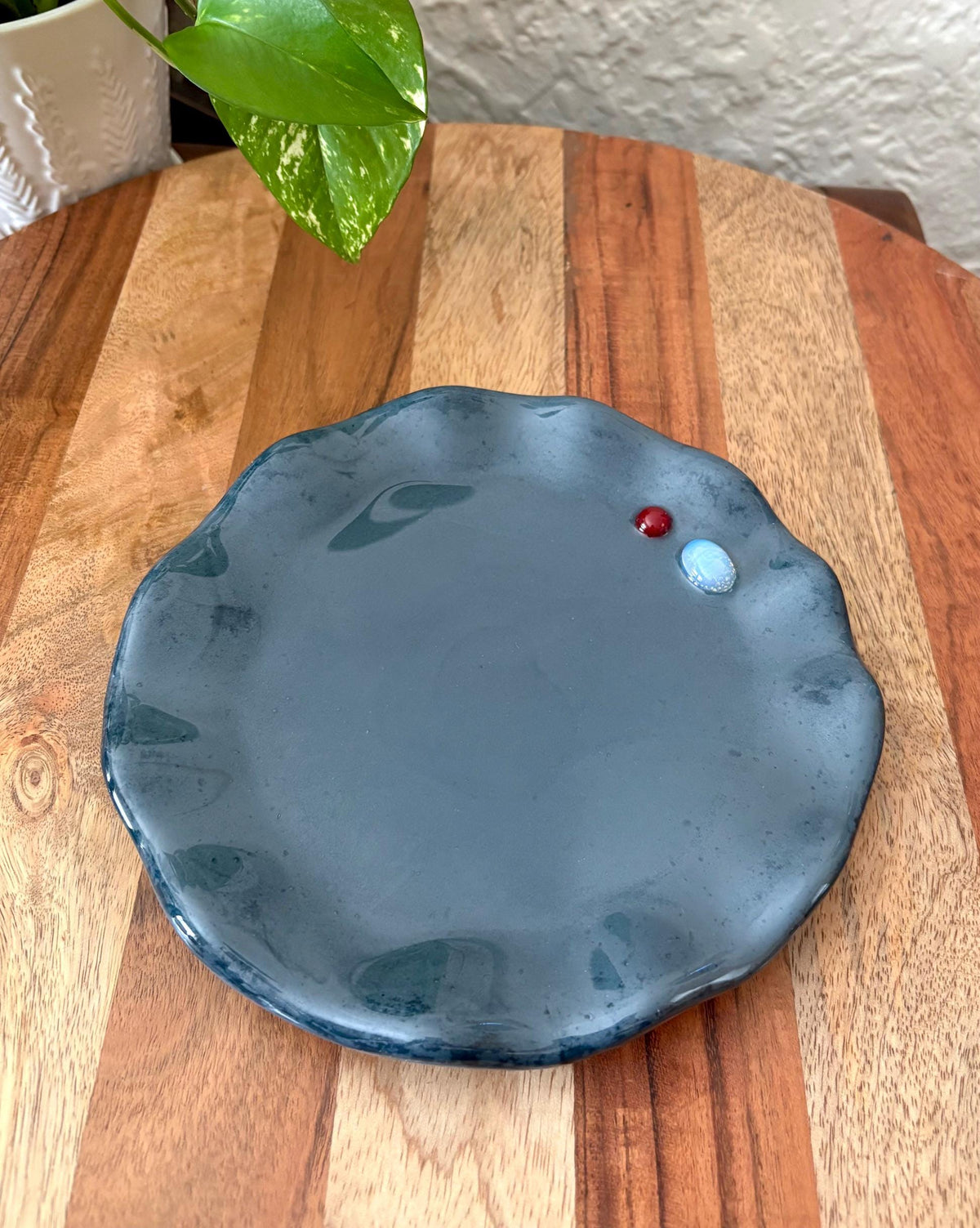 Handmade Ceramic Resin Trinket Dish | Gemstone Catchall Tray | Moonstone Boho Jewelry Decor | Wavy Edge