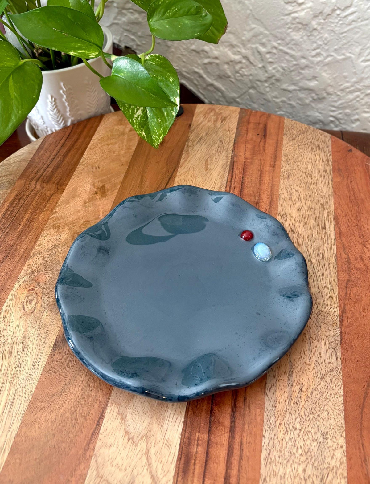 Handmade Ceramic Resin Trinket Dish | Gemstone Catchall Tray | Moonstone Boho Jewelry Decor | Wavy Edge